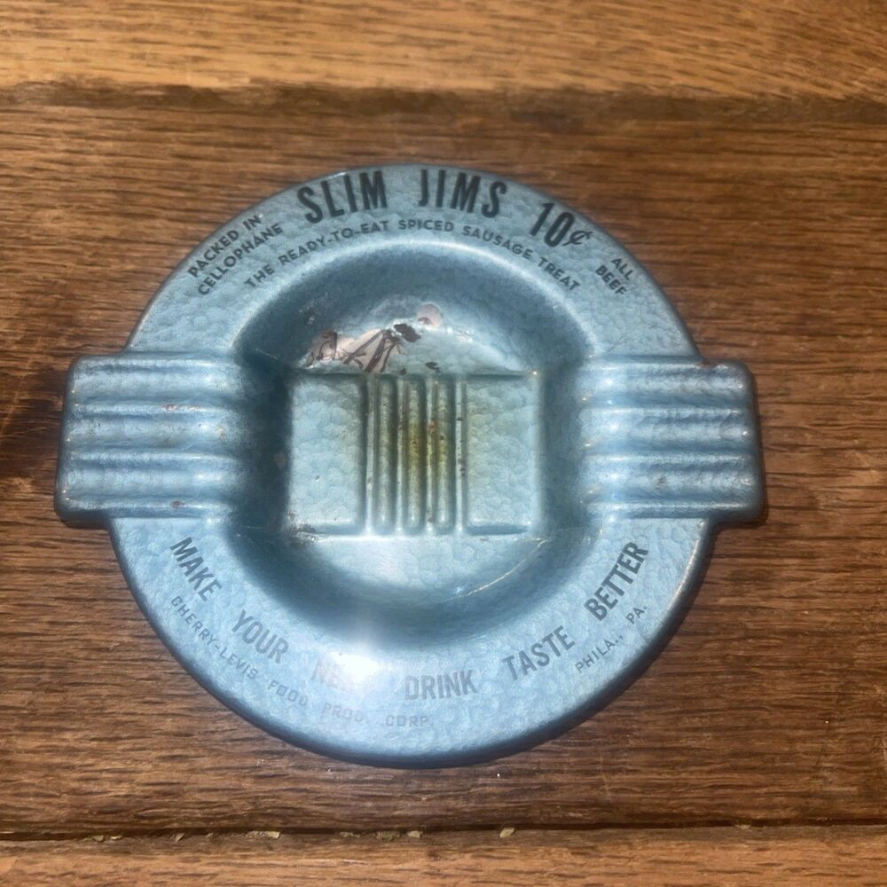 VTG SLIM JIMS ADVERTISING TIN ASHTRAY! CHERRY-LEVIS PROD. CORP. PHILA, PA U.S.A.